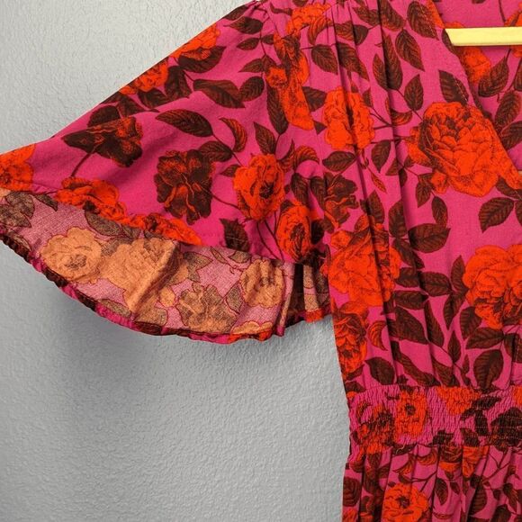 Abel the Label Dress Hi/Low Smocked Flutter Sleeve Red Pink Black Floral XSmall - Picture 4 of 11